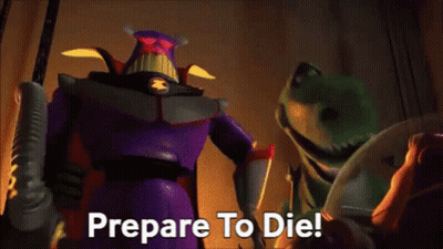 A Toy Story Character Says Prepare To Die While Holding A Sword . GIF