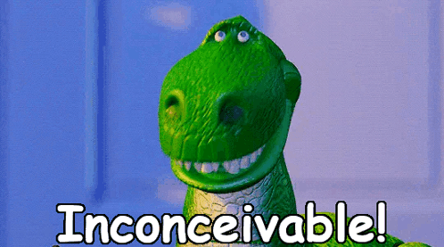 A Toy Story Dinosaur Says Inconceivable In Front Of A Door GIF