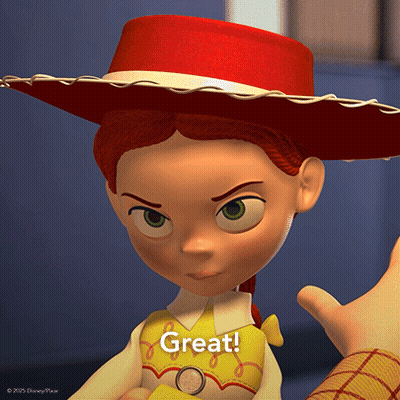 A Toy Story Jessie Doll With A Red Hat And A Yellow Vest Says Great GIF