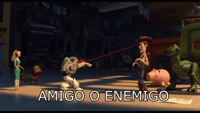 A Toy Story Scene With The Words Amigo O Enemigo In The Corner GIF