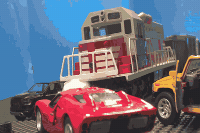 A Toy Train Has The Number 13E On The Side GIF