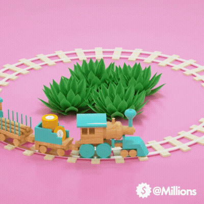 A Toy Train Is On A Pink Track With A Dollar Sign In The Corner GIF