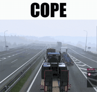 A Tractor Is Driving Down A Highway With The Word Cope Written Above It GIF
