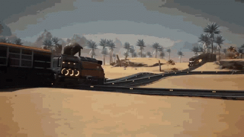 A Train Going Through A Desert With Palm Trees And Mountains In The Background GIF