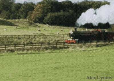 A Train Going Through A Grassy Field With Alex Uyutov Written In The Corner GIF