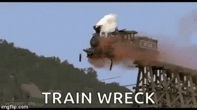 A Train Is Crashing Into A Bridge And The Words Train Wreck Are Written On The Screen . GIF