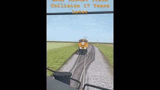 A Train Is Going Down The Tracks And A Sign Says Collision 17 Years Later . GIF