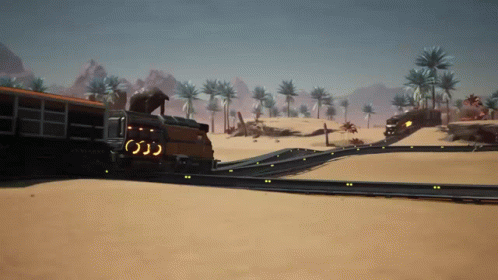 A Train Is Going Down The Tracks In The Desert With Palm Trees In The Background GIF
