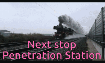 A Train Is Going Down The Tracks With The Words Next Stop Penetration Station Above It GIF