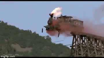 A Train Is Going Over A Bridge With Smoke Coming Out Of It GIF