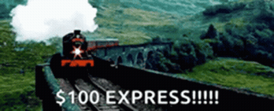 A Train Is Going Over A Bridge With The Words $ 100 Express !!! Below It GIF