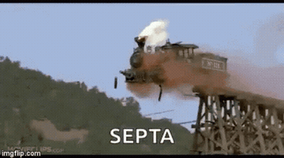 A Train Is Going Over A Bridge With The Words Septa Written On The Bottom . GIF