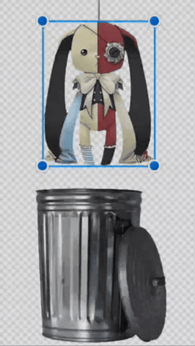 A Trash Can With A Picture Of A Doll On It GIF