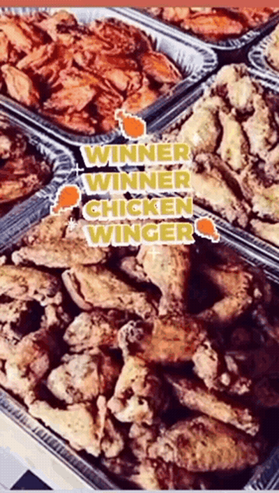 A Tray Of Chicken Wings With The Words " Winner Winner Chicken Winger " On Top GIF