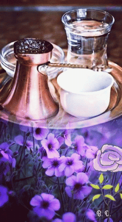 A Tray With Purple Flowers And A Glass Of Water GIF