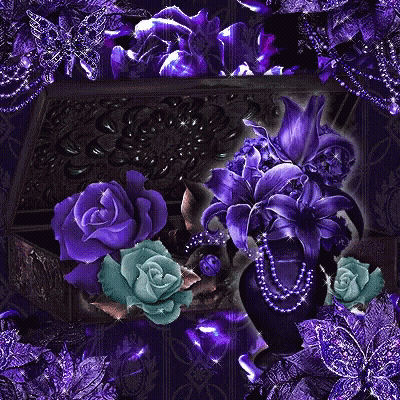 A Treasure Chest Surrounded By Purple Flowers And A Necklace GIF
