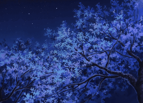 A Tree With Blue Leaves And White Petals Against A Night Sky GIF
