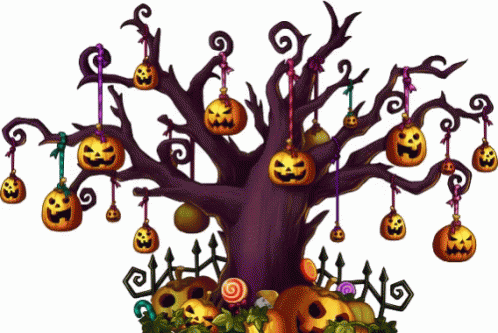 A Tree With Pumpkins Hanging From The Branches GIF