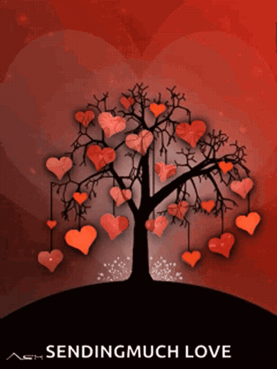 A Tree With Red Hearts Hanging From It And The Words Sending Much Love GIF