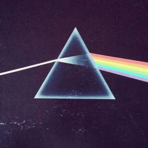 A Triangle With A Rainbow Coming Out Of It On A Dark Background GIF