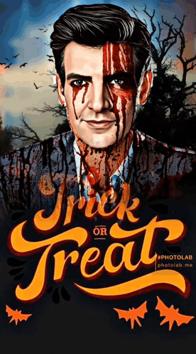 A Trick Or Treat Poster With A Man With Blood On His Face GIF