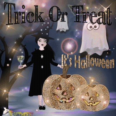 A Trick Or Treat Poster With A Witch Holding A Glass And Pumpkins GIF