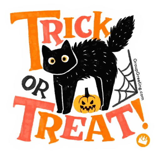 A Trick Or Treat Sign With A Black Cat Sticker