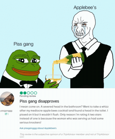 A Tripadvisor Review For Applebee 'S Has A Picture Of A Frog And A Man GIF
