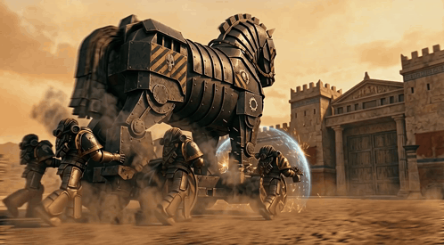 Trojan Horse Pulled By Soldiers In Front Of Castle GIF