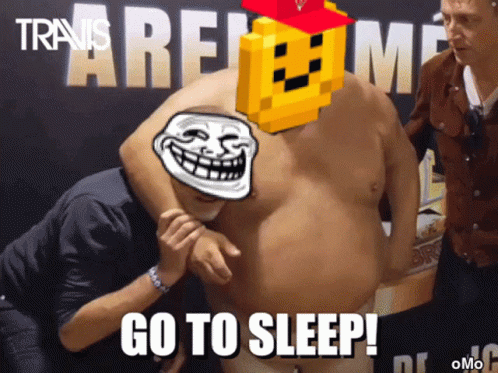A Troll Face Is On A Shirtless Man 'S Shoulder With The Words Go To Sleep Below It GIF