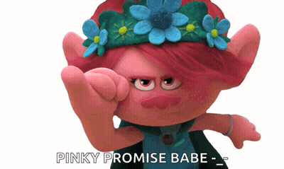 A Troll With Flowers In Her Hair Says Pinky Promise Babe On A White Background GIF