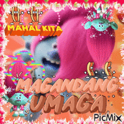 A Troll With Pink Hair Is Surrounded By The Words Mahal Kita GIF