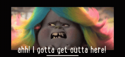 A Troll With Rainbow Hair Is Screaming With The Words Ahh I Gotta Get Outta Here GIF