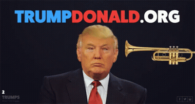 A Trump Donald Org Advertisement With Trump Blowing A Trumpet GIF