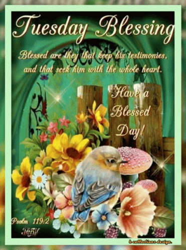 A Tuesday Blessing Card With A Bird Surrounded By Flowers GIF