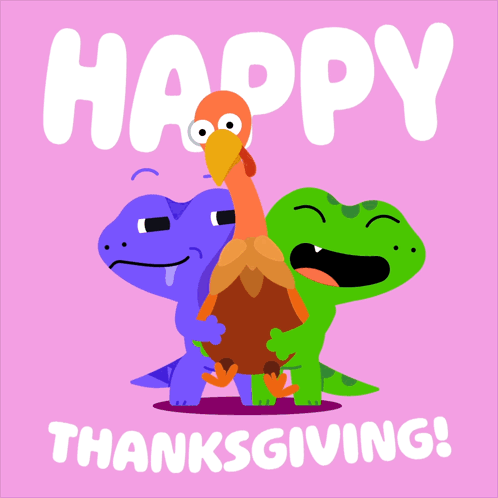 A Turkey And Two Lizards On A Pink Background With The Words Happy Thanksgiving GIF