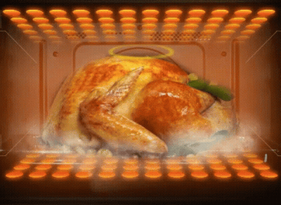 A Turkey Is Being Cooked In A Microwave Oven With Steam Coming Out Of It GIF