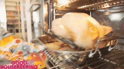 A Turkey Is Being Cooked In An Oven With The Words Good Housekeeping On The Bottom Right GIF