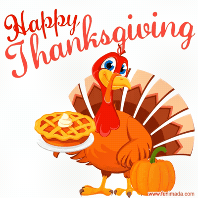 A Turkey Is Holding A Pie And A Pumpkin With The Words Happy Thanksgiving Written Above It GIF