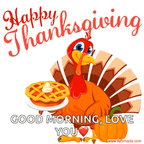 A Turkey Is Holding A Pie And Says " Happy Thanksgiving " GIF
