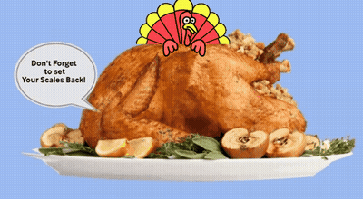 A Turkey Is On A Plate With A Speech Bubble That Says " Don 'T Forget To Set Your Scales Back " GIF
