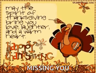A Turkey Is Standing In A Pile Of Leaves Next To A Happy Thanksgiving Card . GIF