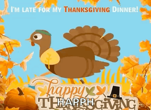 A Turkey Is Standing In Front Of A Sign That Says Happy Thanksgiving GIF