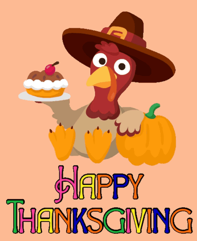 A Turkey Wearing A Pilgrim Hat Is Holding A Piece Of Cake And A Pumpkin GIF