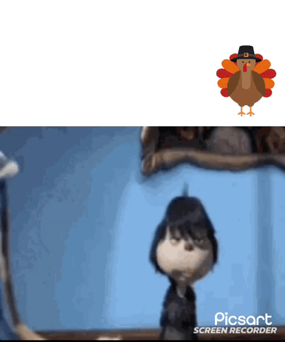 A Turkey Wearing A Pilgrim Hat Is Next To A Picture Of A Boy GIF