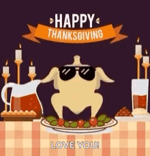 A Turkey Wearing Sunglasses Is Standing In Front Of A Plate Of Food On A Table . GIF