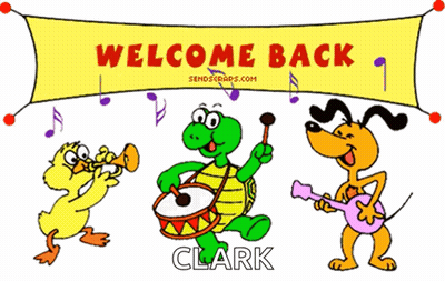 A Turtle Playing A Drum And A Dog Playing A Guitar Under A Banner That Says Welcome Back Clark GIF