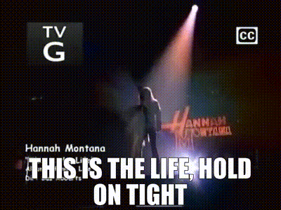 A Tv G Advertisement For Hannah Montana Shows A Woman Dancing In Front Of A Stage GIF