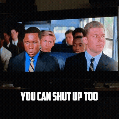 A Tv Screen Shows A Movie With The Words " You Can Shut Up Too " On The Bottom GIF