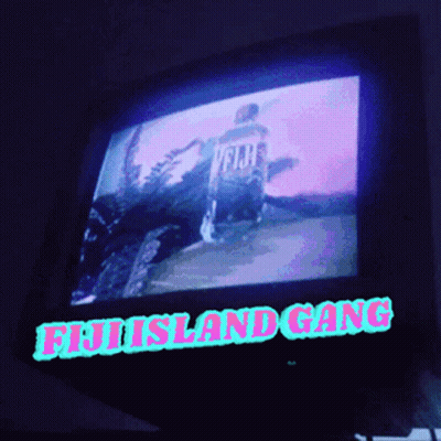 A Tv Screen With The Words Fiji Island Gang Above It GIF